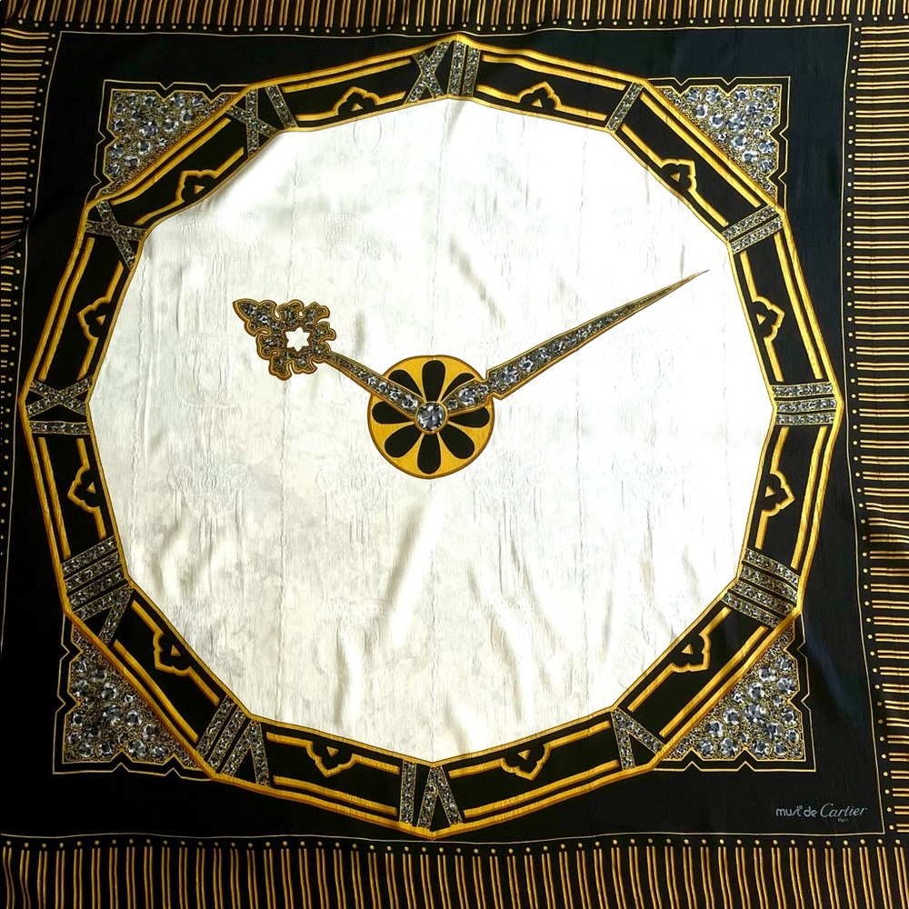Vintage Cartier Must de Cartier Paris Silk Scarf Roman Numeral Clock Beautiful